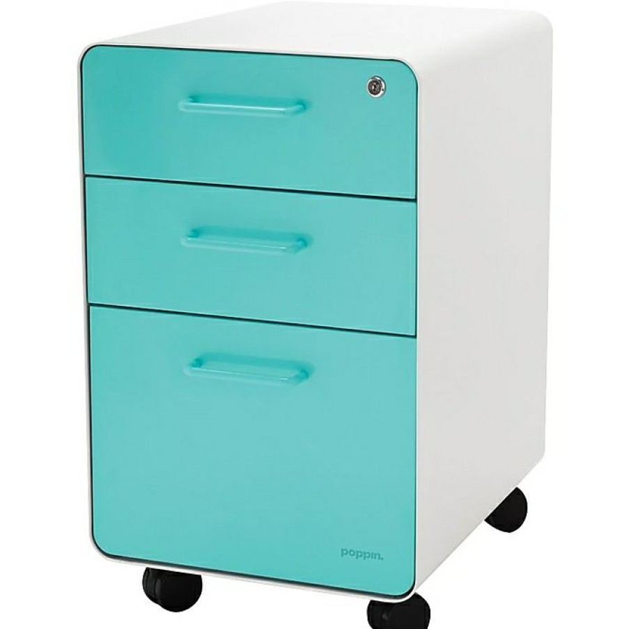 * Poppin Stow 3-Drawer File Cabinet With Casters, White + Aqua