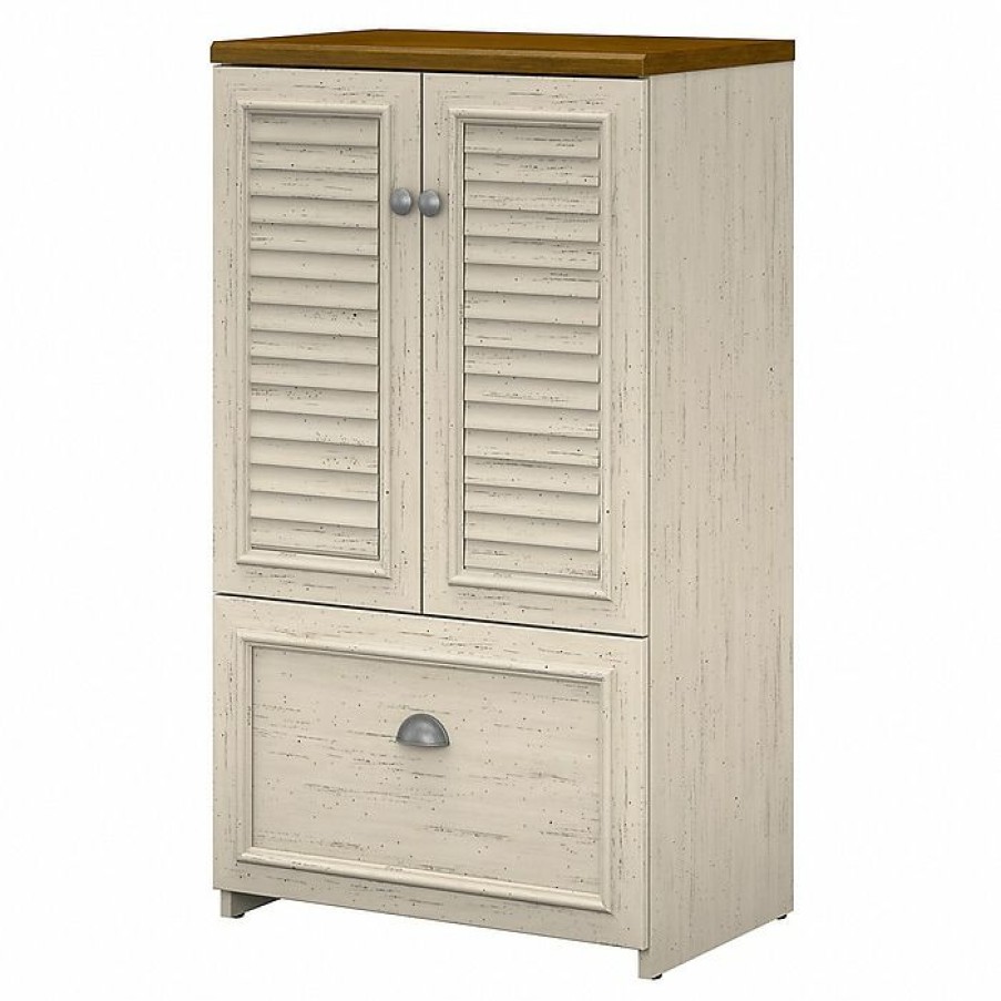 * Bush Furniture Fairview Storage Cabinet With Drawer, Antique White/Tea Maple (Wc53280-03)