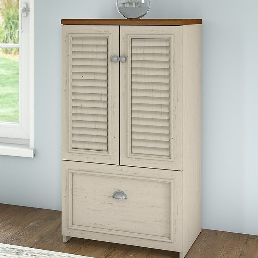 * Bush Furniture Fairview Storage Cabinet With Drawer, Antique White/Tea Maple (Wc53280-03)