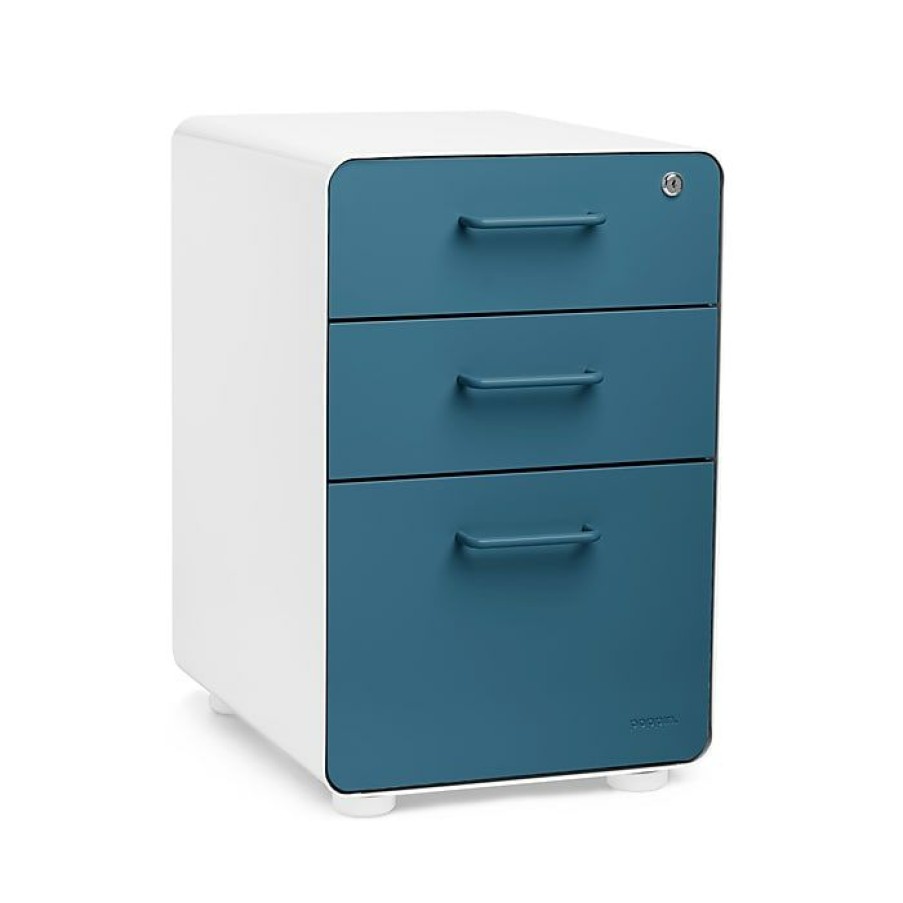 * Poppin Stow 3-Drawer Vertical Locking File Cabinet, White & Slate Blue, 16 (105944)