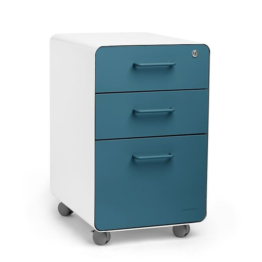 * Poppin Stow 3-Drawer Vertical Locking File Cabinet, White & Slate Blue, 16 (106039)